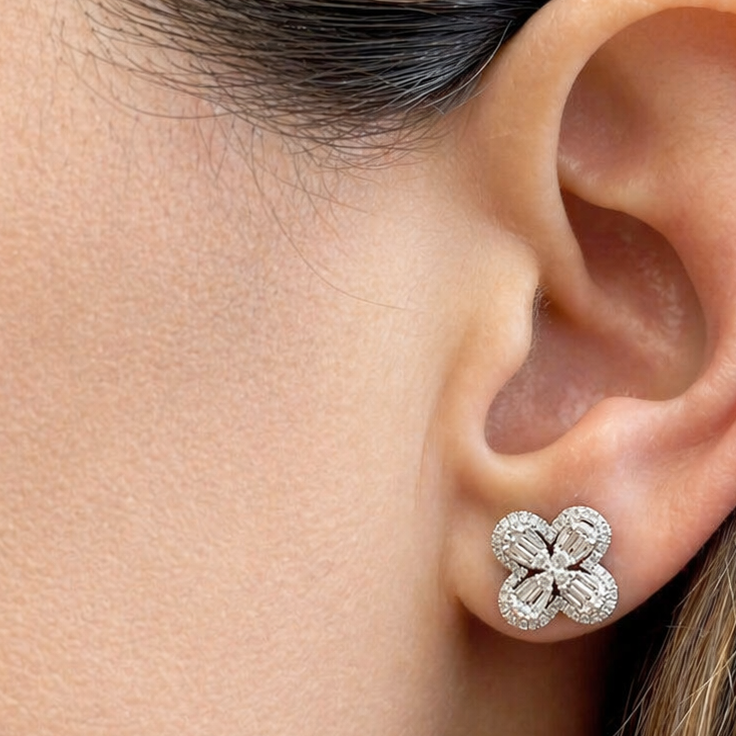 18k gold four petal halo diamond flower earrings by Diamond Tales