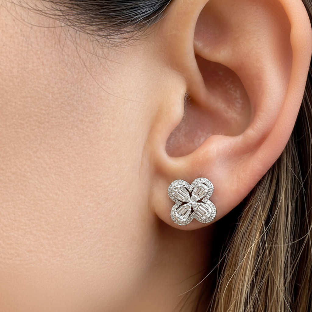 18k gold four petal halo diamond flower earrings by Diamond Tales
