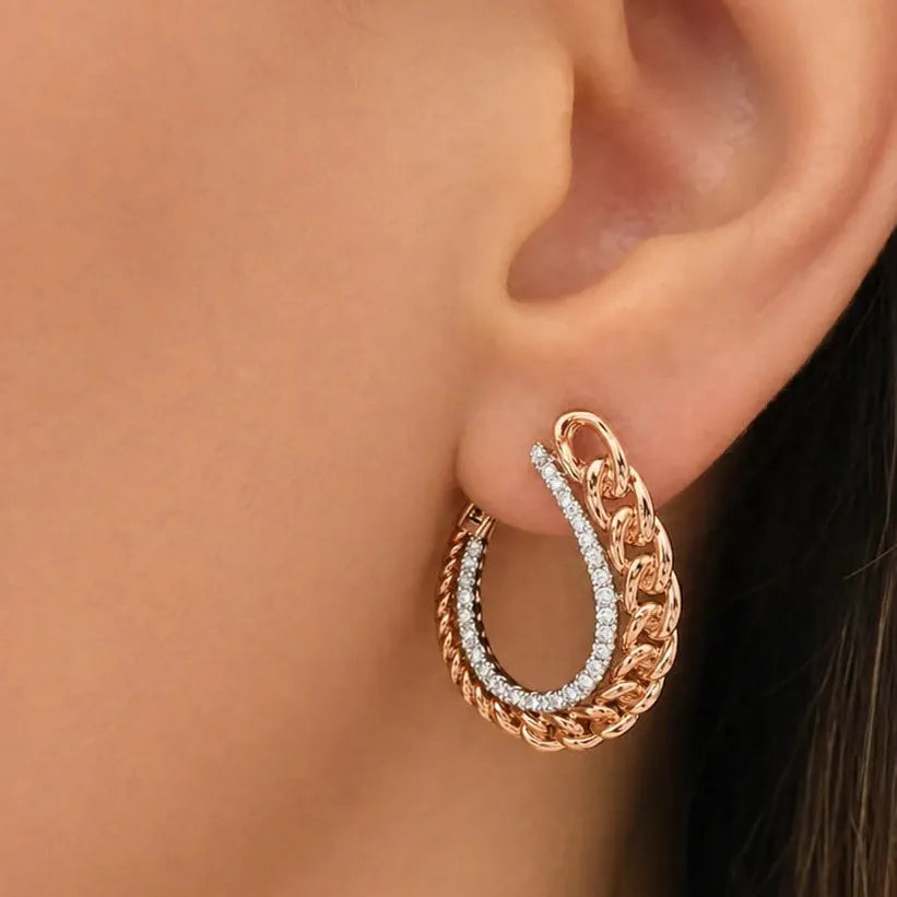 18k yellow gold open hoop earrings with a row of front‑facing diamonds and chain link connector