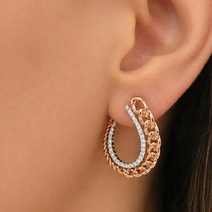 18k yellow gold open hoop earrings with a row of front‑facing diamonds and chain link connector