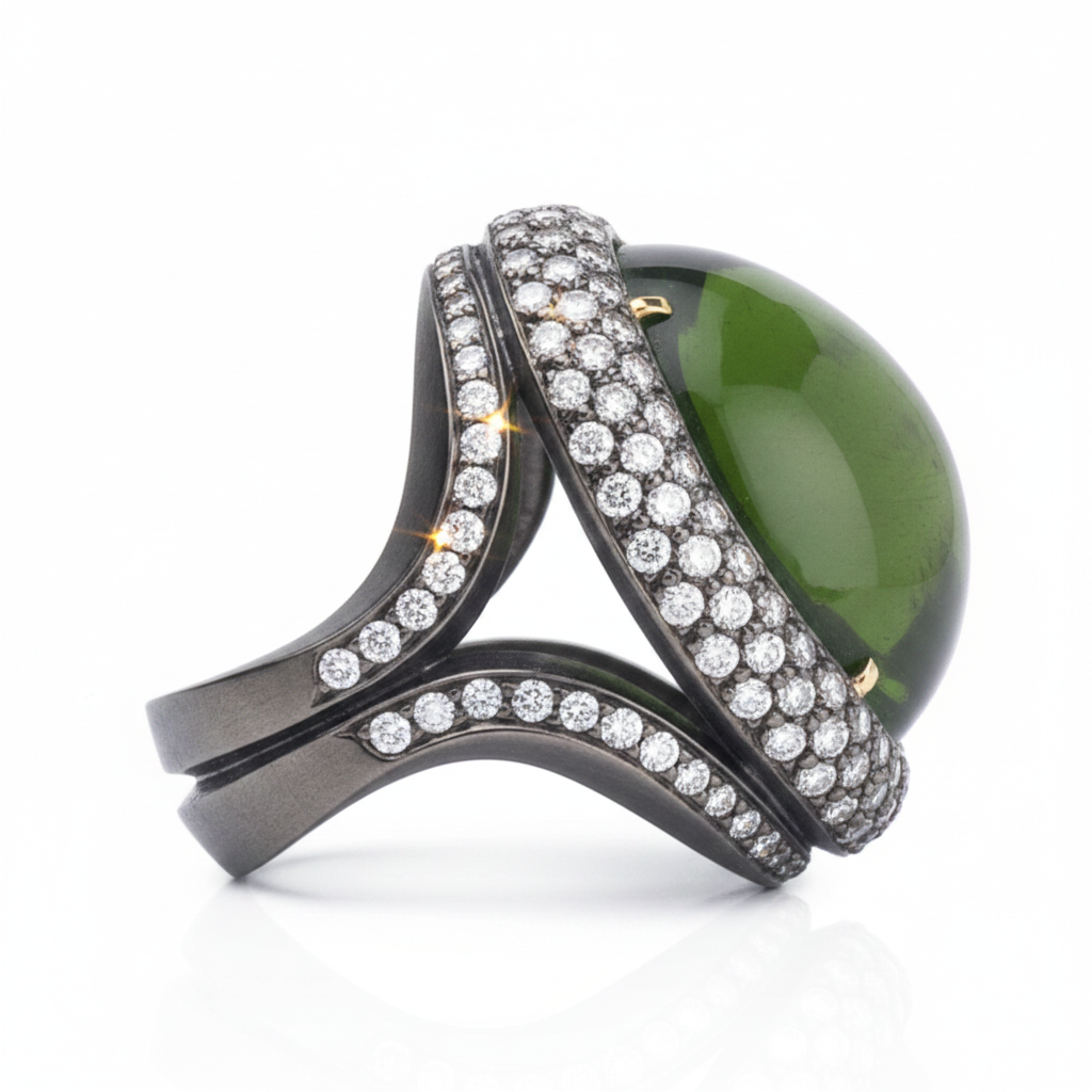 Black rhodium gold ring with gem quality peridot by Diamond Tales