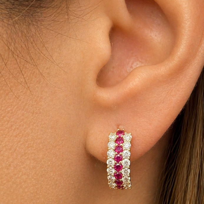 18k gold hoop earrings with rubies, sapphires, emeralds, and diamonds by Diamond Tales