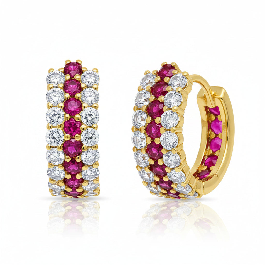 18k gold hoop earrings with rubies, sapphires, emeralds, and diamonds by Diamond Tales