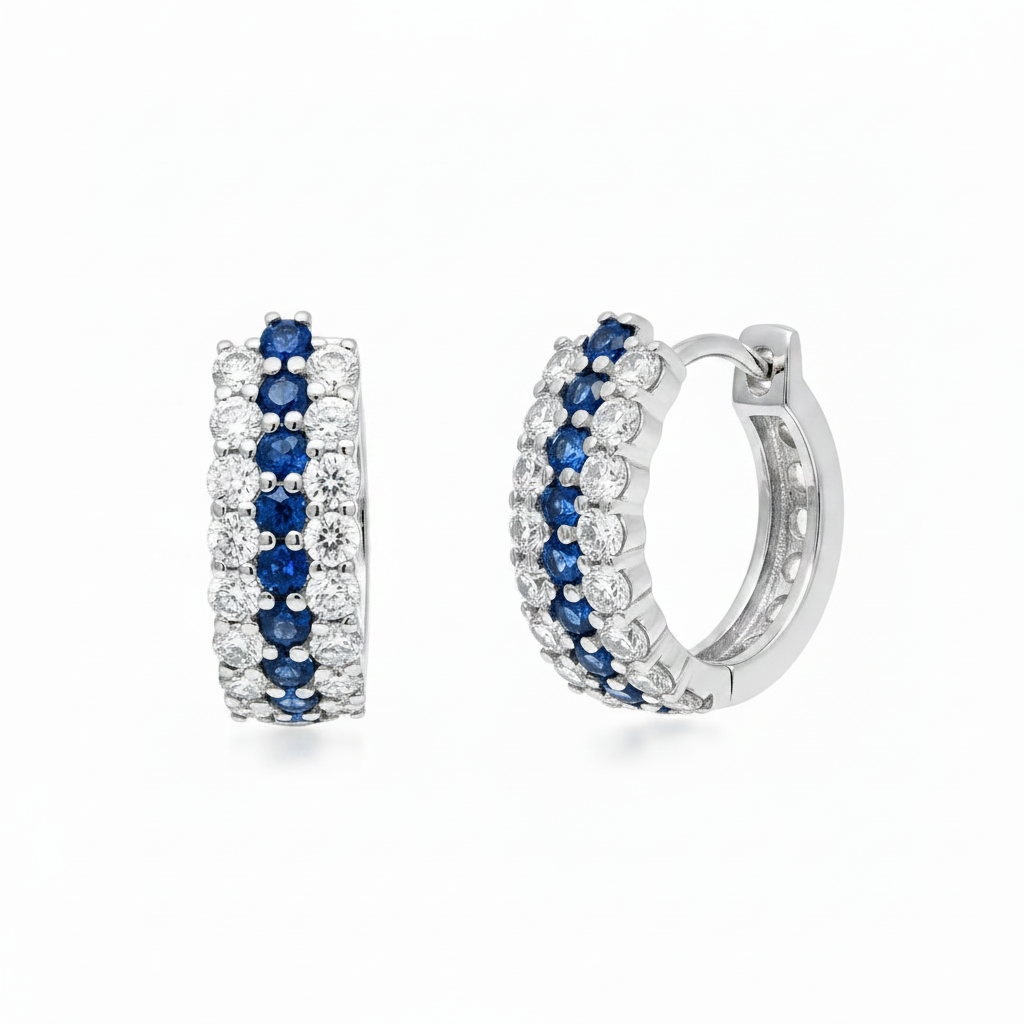 18k gold hoop earrings with rubies, sapphires, emeralds, and diamonds by Diamond Tales