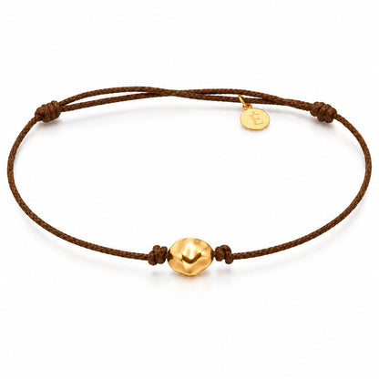 18k yellow gold hammered nugget bracelet on adjustable brown macramé cord