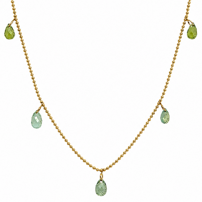 14k gold shaker necklace with five green sapphires
