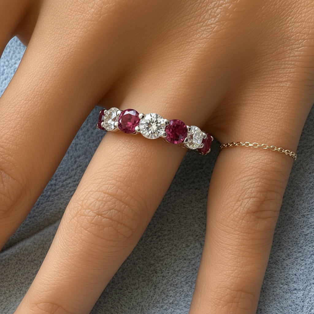 18k white gold half-band ring with alternating tourmaline and diamond stones