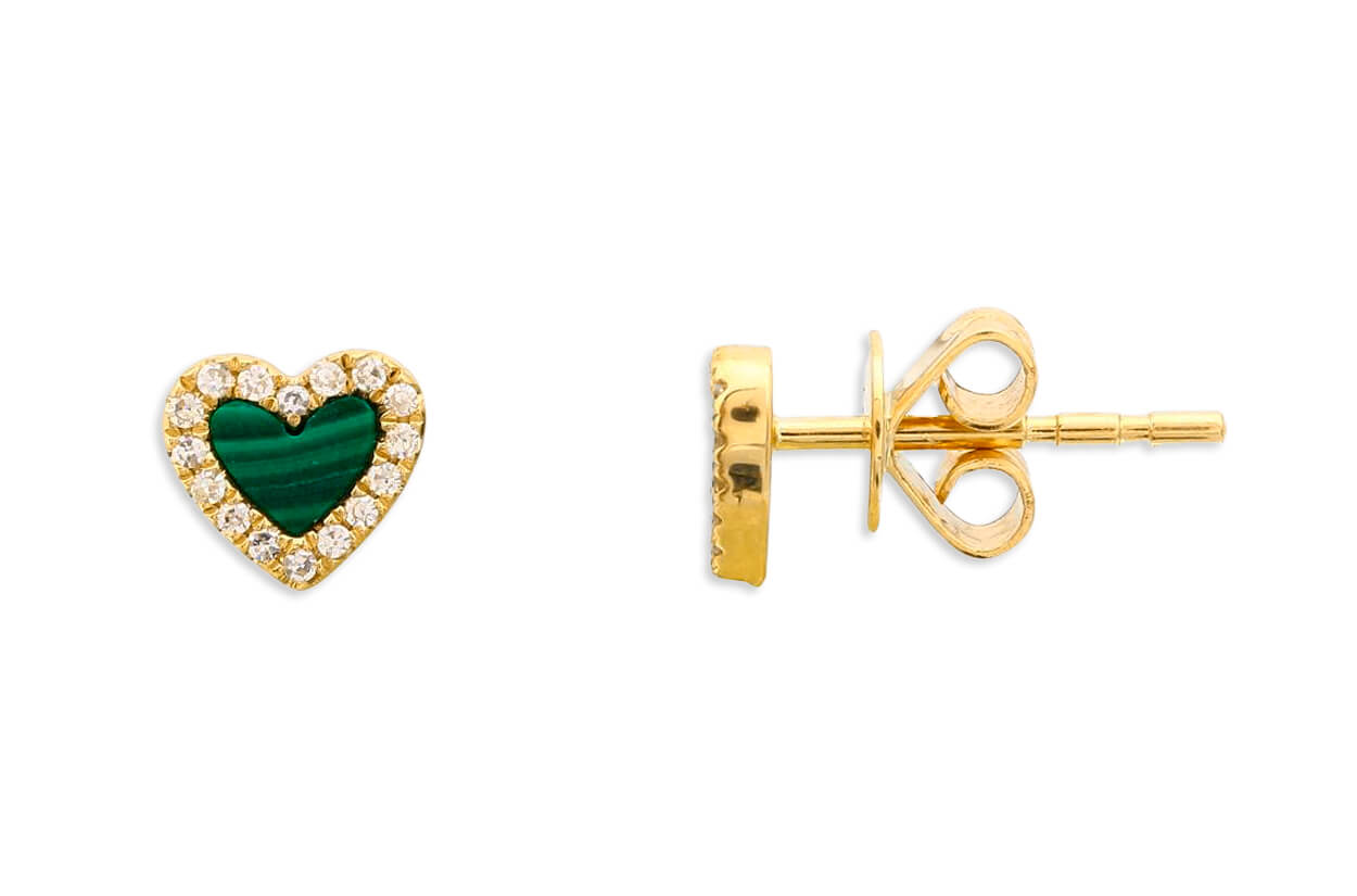 14k yellow gold stud earrings with heart-shaped malachite stones surrounded by diamond halos