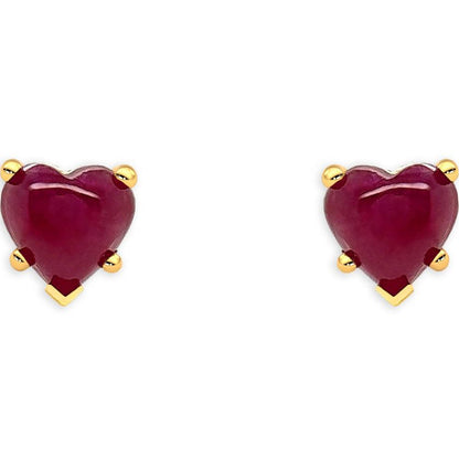 18k yellow gold stud earrings featuring heart-shaped ruby cabochons