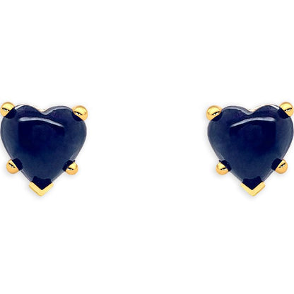 14k yellow gold stud earrings featuring heart-shaped blue sapphire cabochons