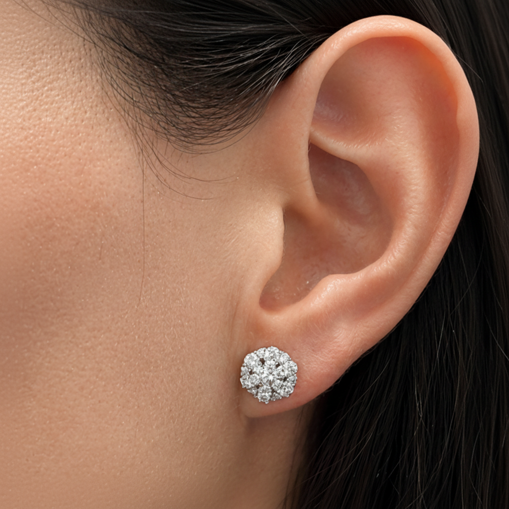 18k white gold hexagonal flower diamond earrings by Diamond Tales