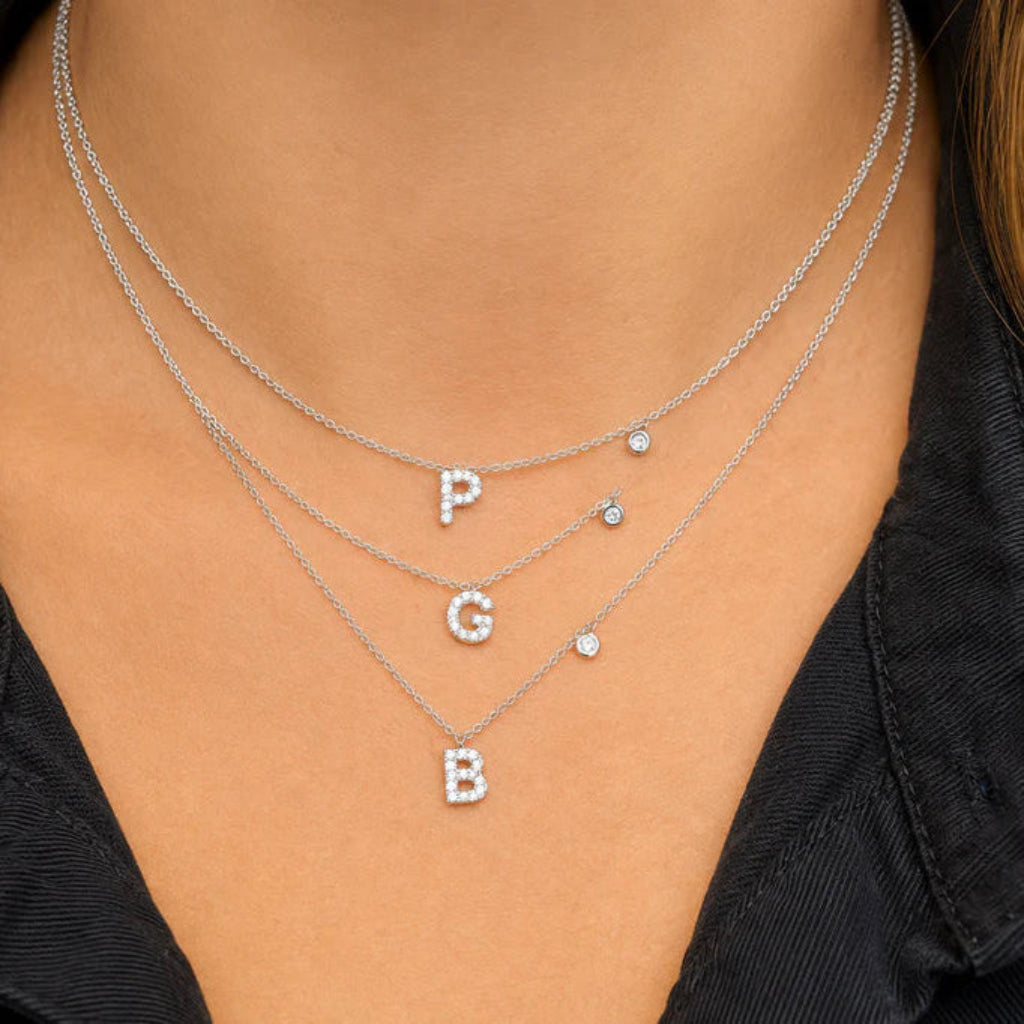 14k white gold initial B pendant necklace with diamond accent