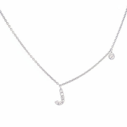 14k white gold initial J pendant necklace with diamond accent