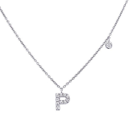 14k white gold initial P pendant necklace with diamond accent