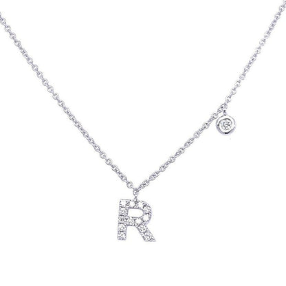 14k white gold initial R pendant necklace with diamond accent