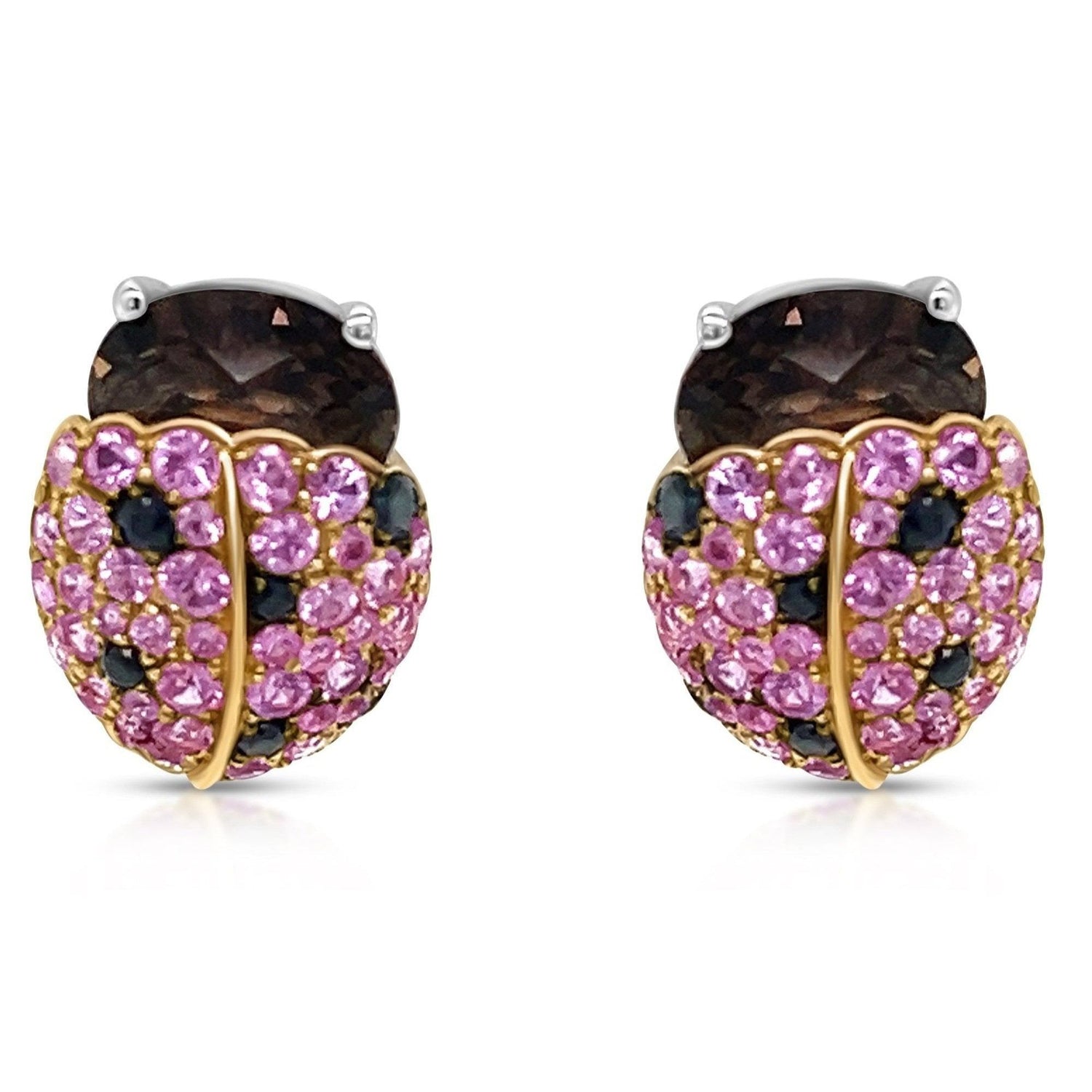 18k gold ladybug earrings with pink sapphires and black diamonds by Diamond Tales
