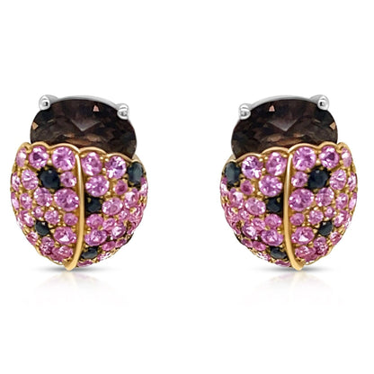 18k gold ladybug earrings with pink sapphires and black diamonds by Diamond Tales
