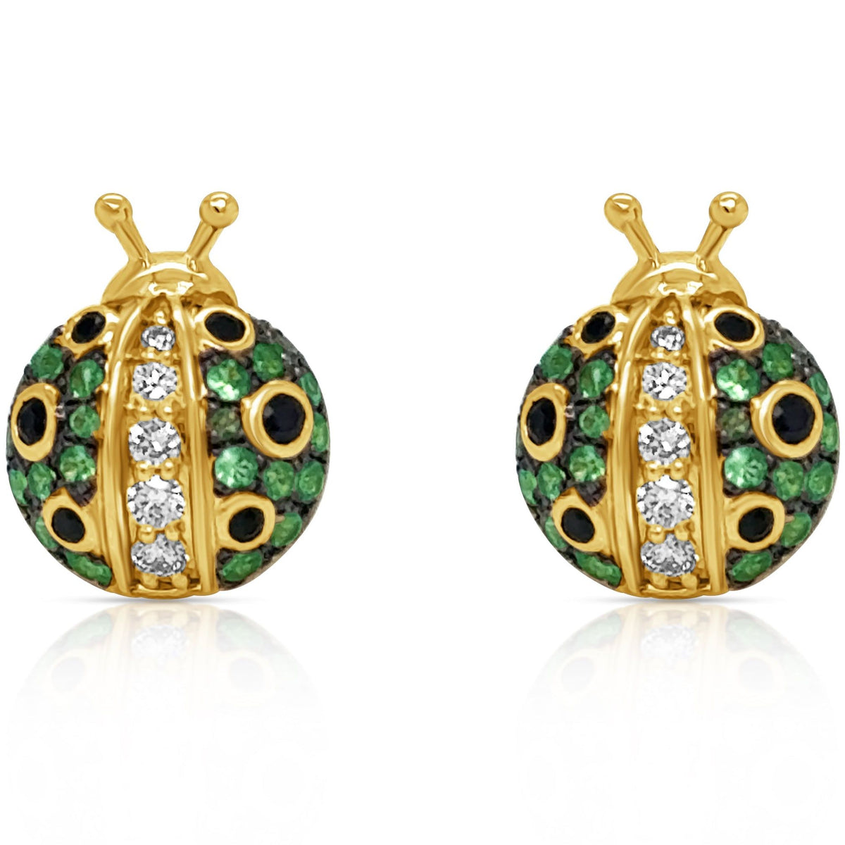 18k gold ladybug earrings with rubies and round brilliant diamonds by Diamond Tales