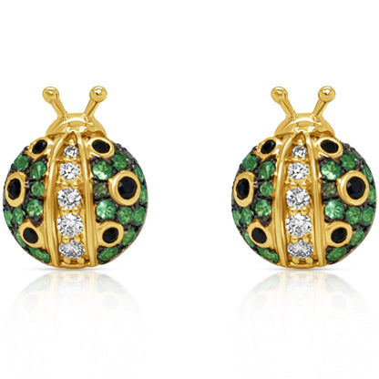 18k gold ladybug earrings with rubies and round brilliant diamonds by Diamond Tales
