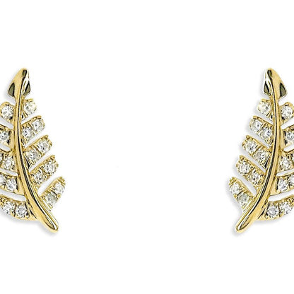 14k yellow gold leaf stud earrings with pavé diamond detailing