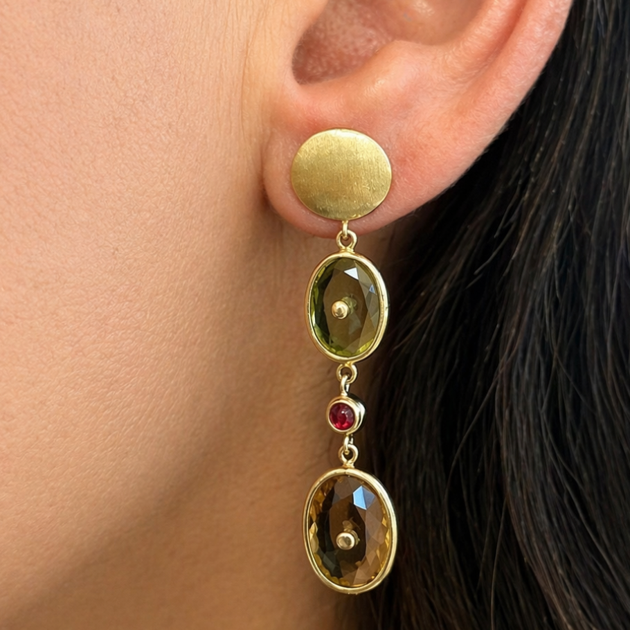 18k yellow gold lemon citrine and ruby cabochon earrings by Diamond Tales