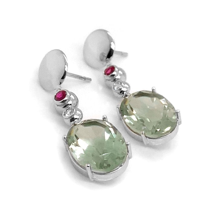 18k white gold lemon citrine earrings with small ruby and diamond accents by Diamond Tales