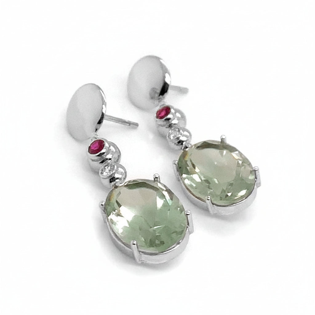 18k white gold lemon citrine earrings with small ruby and diamond accents by Diamond Tales