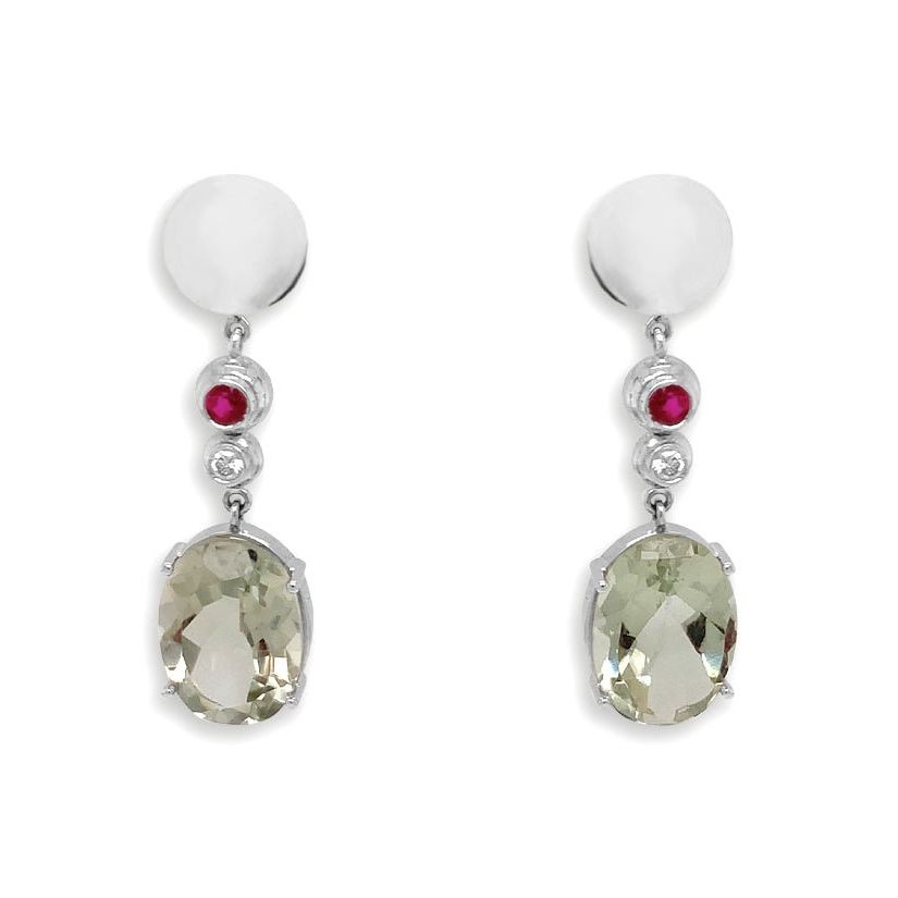 18k white gold lemon citrine earrings with small ruby and diamond accents by Diamond Tales