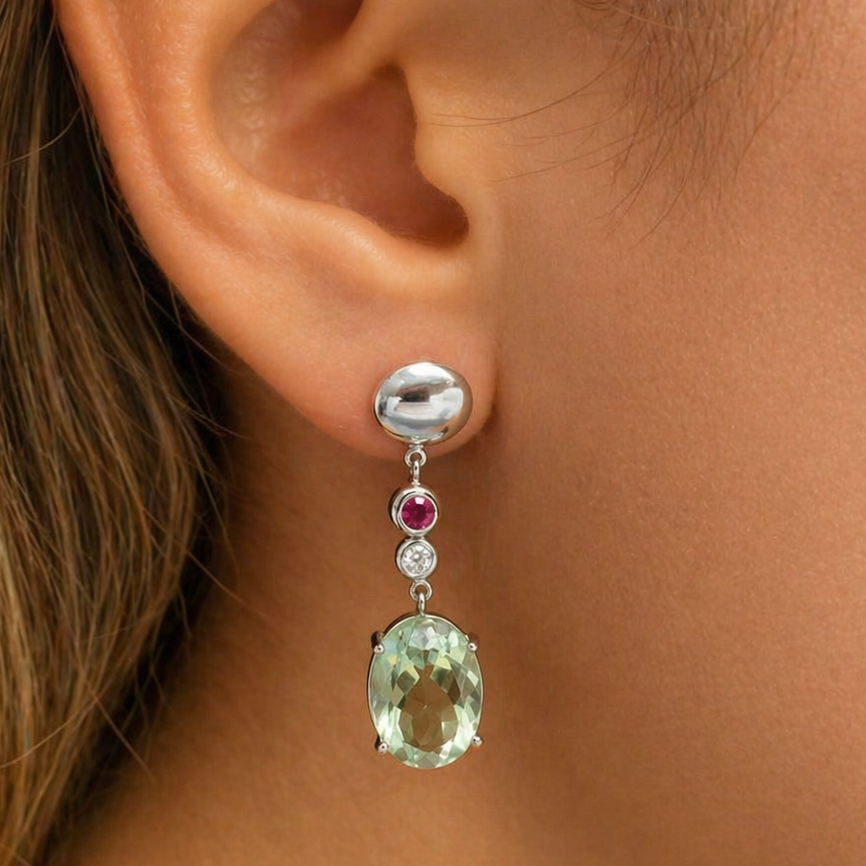 18k white gold lemon citrine earrings with small ruby and diamond accents by Diamond Tales