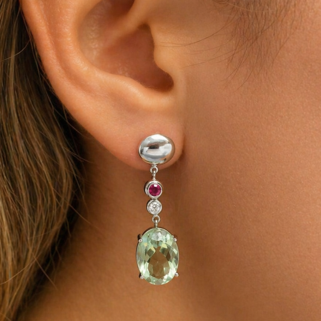 18k white gold lemon citrine earrings with small ruby and diamond accents by Diamond Tales