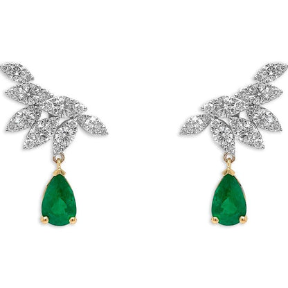 18k white gold drop earrings with pear emeralds and round diamond accents