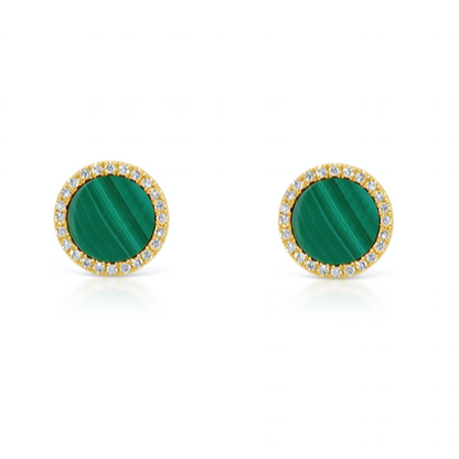 14k gold earrings with green malachite and round diamonds