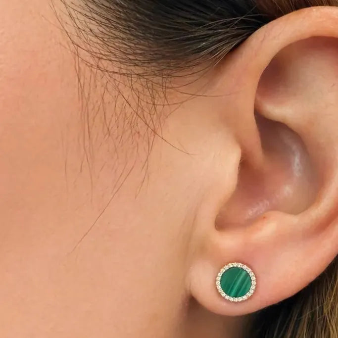 14k gold earrings with green malachite and round diamonds