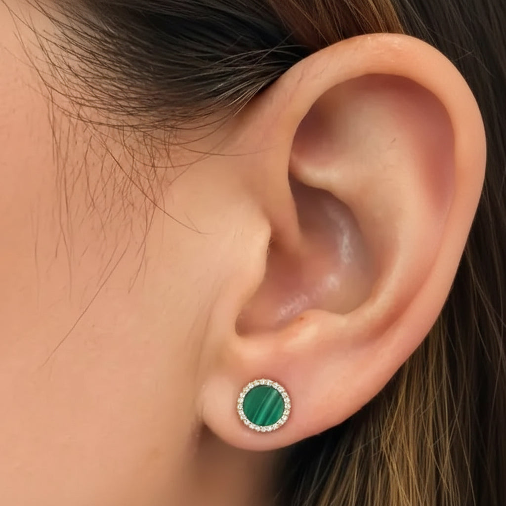 14k gold earrings with green malachite and round diamonds