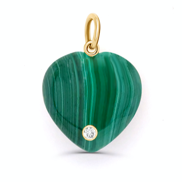 14k gold malachite heart pendant with round brilliant diamonds by Diamond Tales