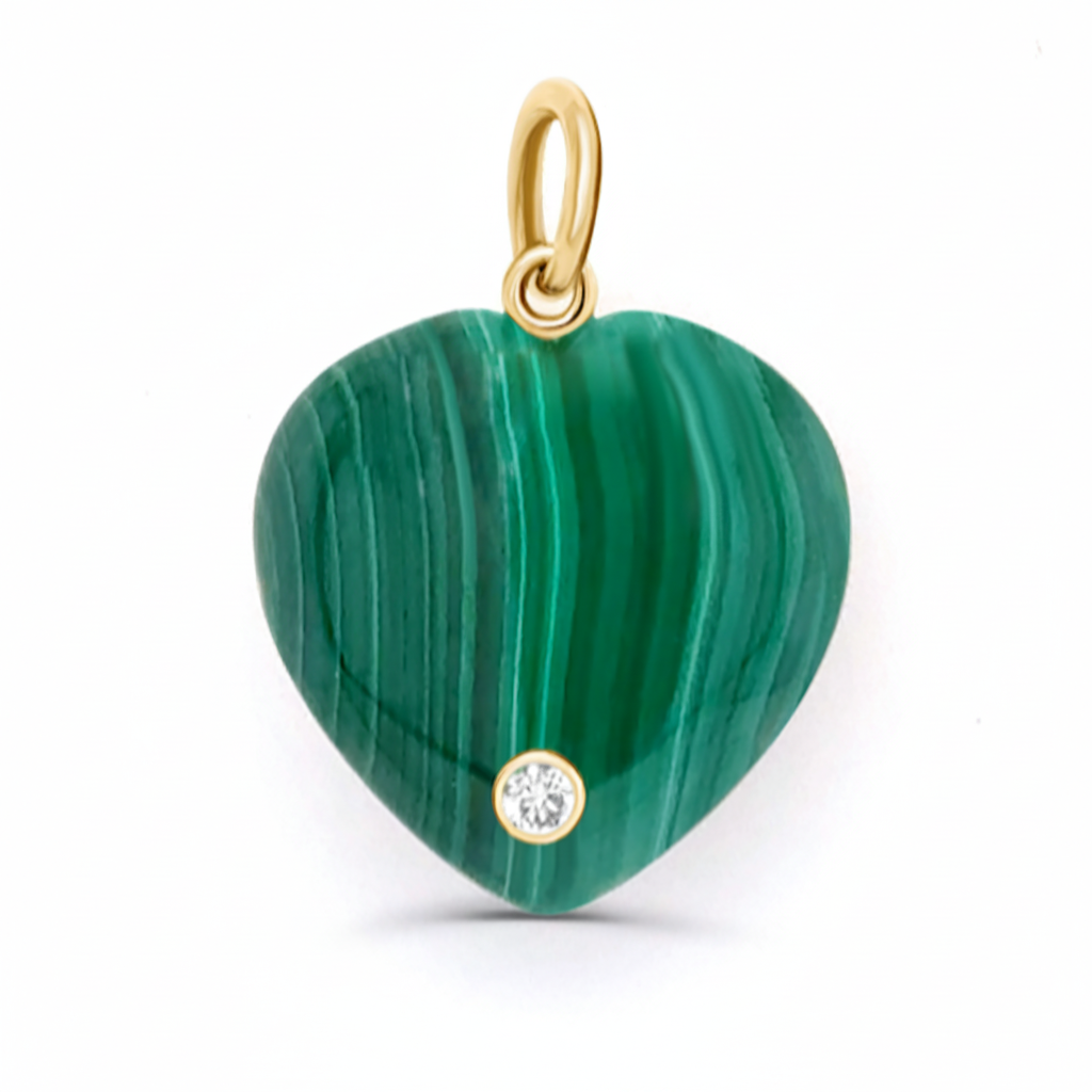 14k gold malachite heart pendant with round brilliant diamonds by Diamond Tales