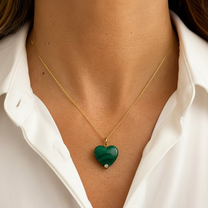 14k gold malachite heart pendant with round brilliant diamonds by Diamond Tales