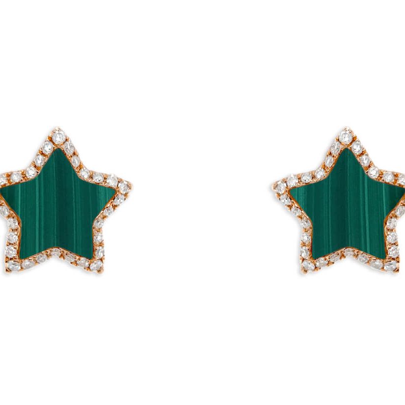 18k gold malachite star diamond halo stud earrings by Diamond Tales