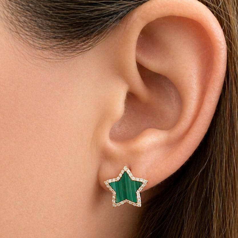 18k gold malachite star diamond halo stud earrings by Diamond Tales