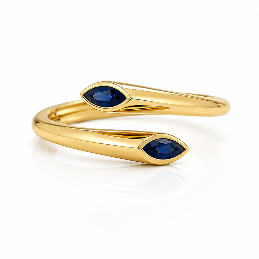Detail of the open shank and crossing ends of the marquise sapphire spring ring