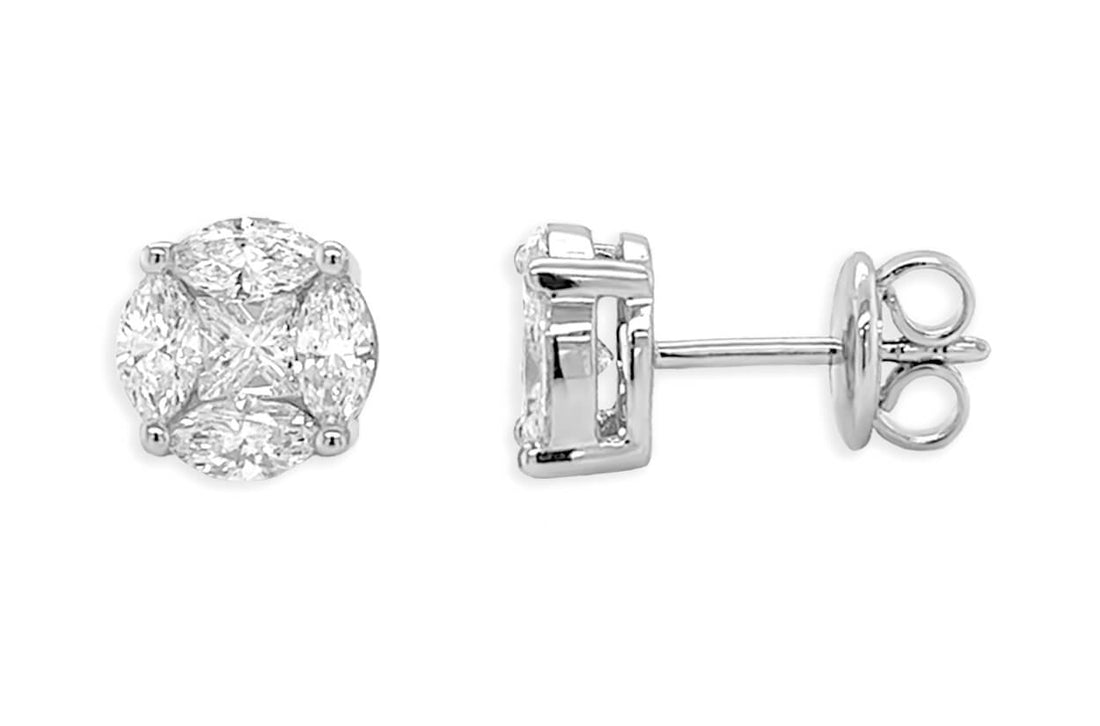 18k gold cluster earrings with marquise and princess-cut diamonds