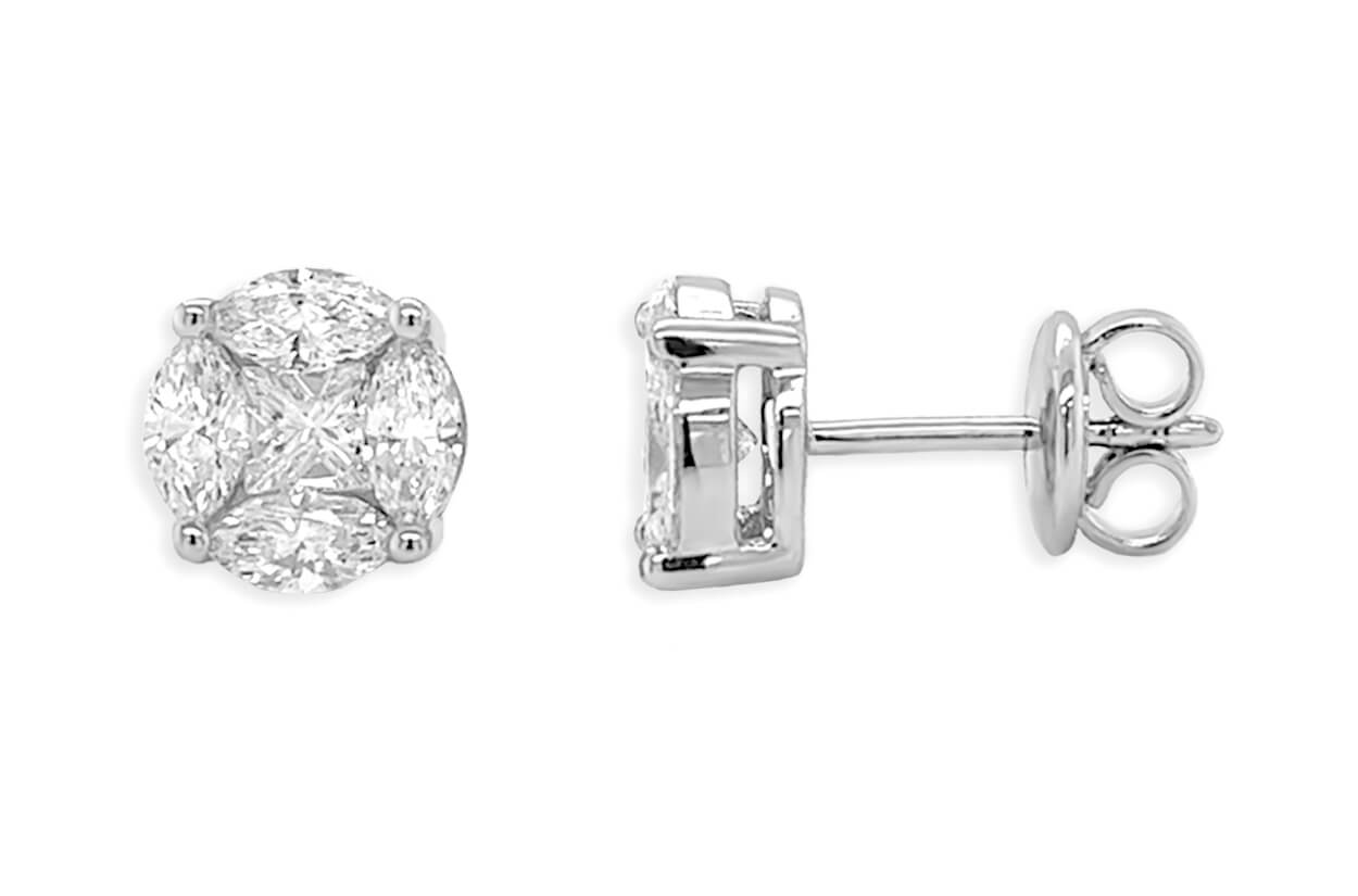 18k gold cluster earrings with marquise and princess-cut diamonds