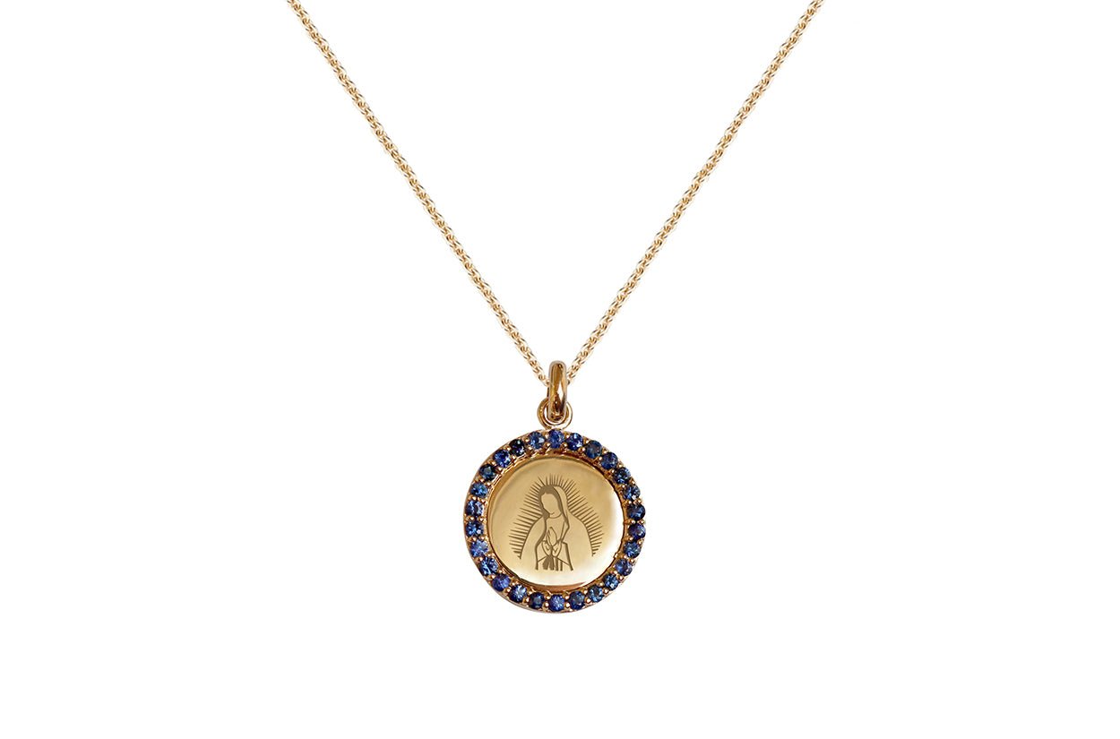 Medal Our Lady of Guadalupe | Virgen de Guadalupe Gold &amp; Blue Sapphires - Diamond Tales Fine Jewelry