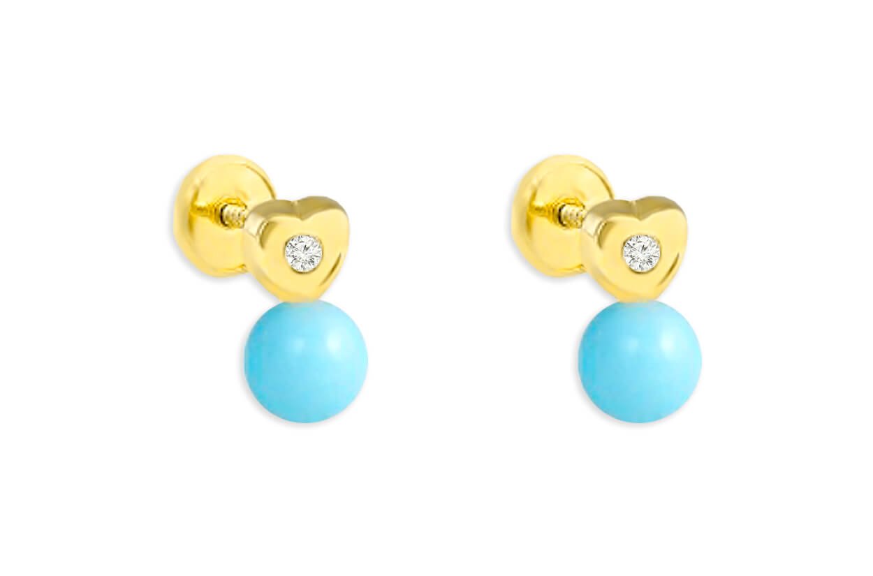 18k gold mini heart stud earrings with a small diamond drop