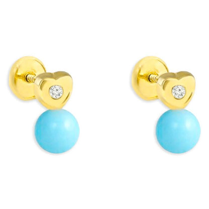 18k gold mini heart stud earrings with a small diamond drop