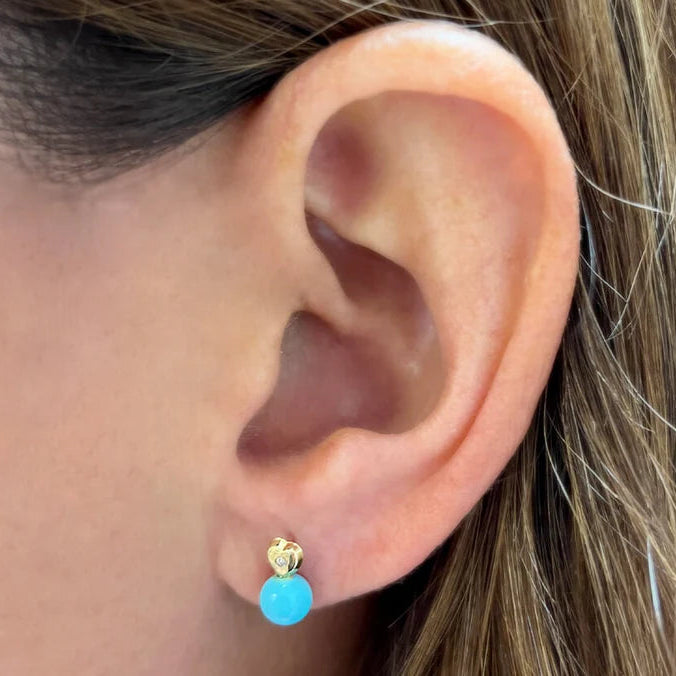 18k gold mini heart stud earrings with a small diamond drop