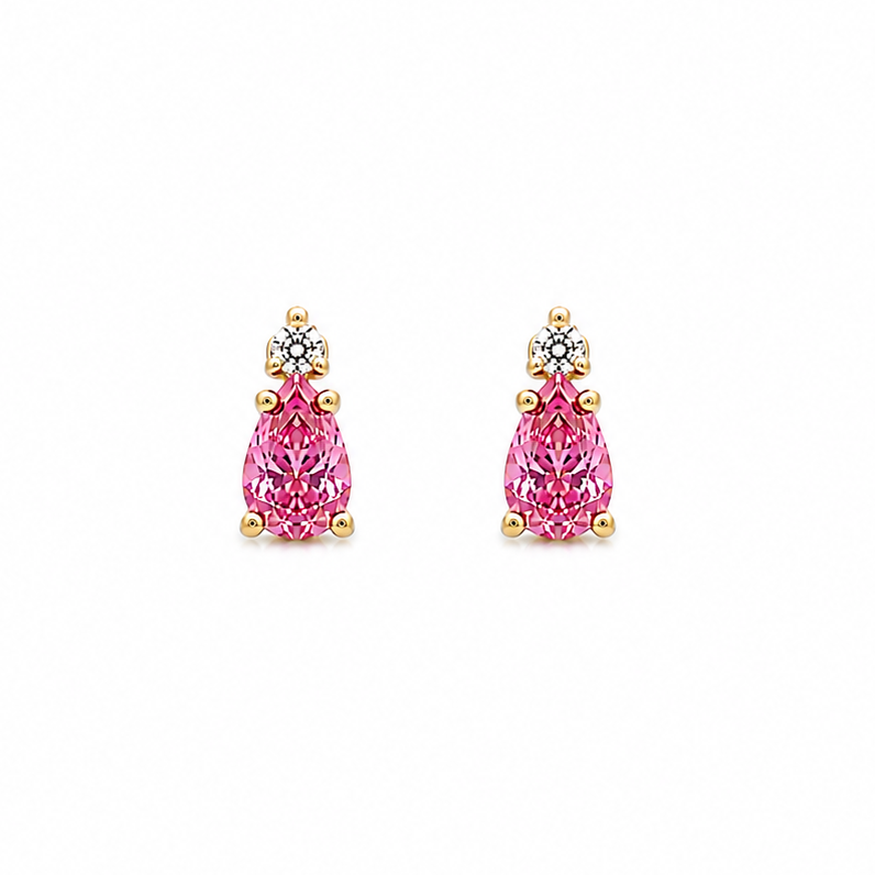 14k gold mini stud earrings with pear-shape pink sapphires and diamond accents