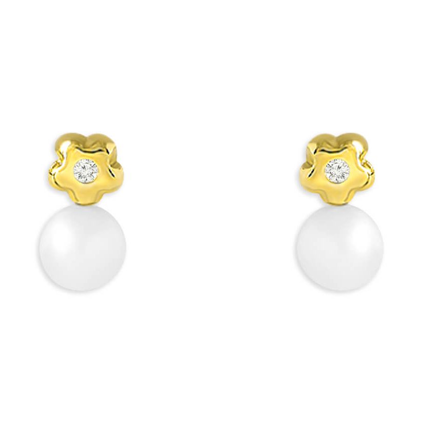 18k gold mini flower stud earrings with pearls and center diamonds by Diamond Tales