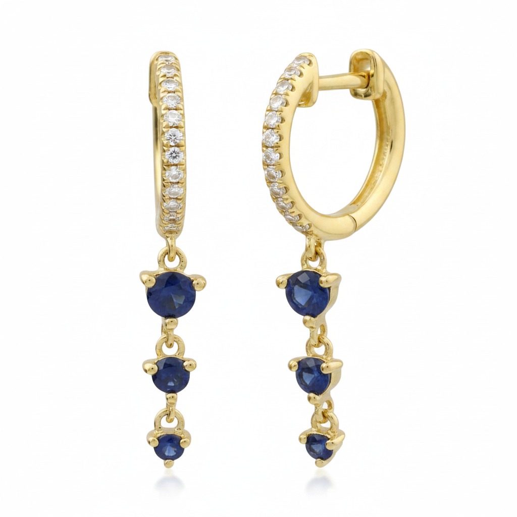 mini sapphire and diamond hoop earrings in 14k gold with blue sapphires and diamond accents