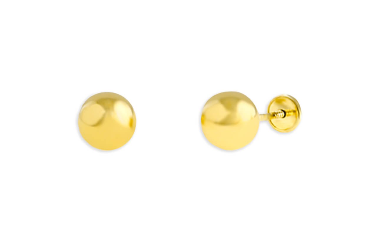 18k gold ball stud earrings, polished 5 mm spheres with screw backs
